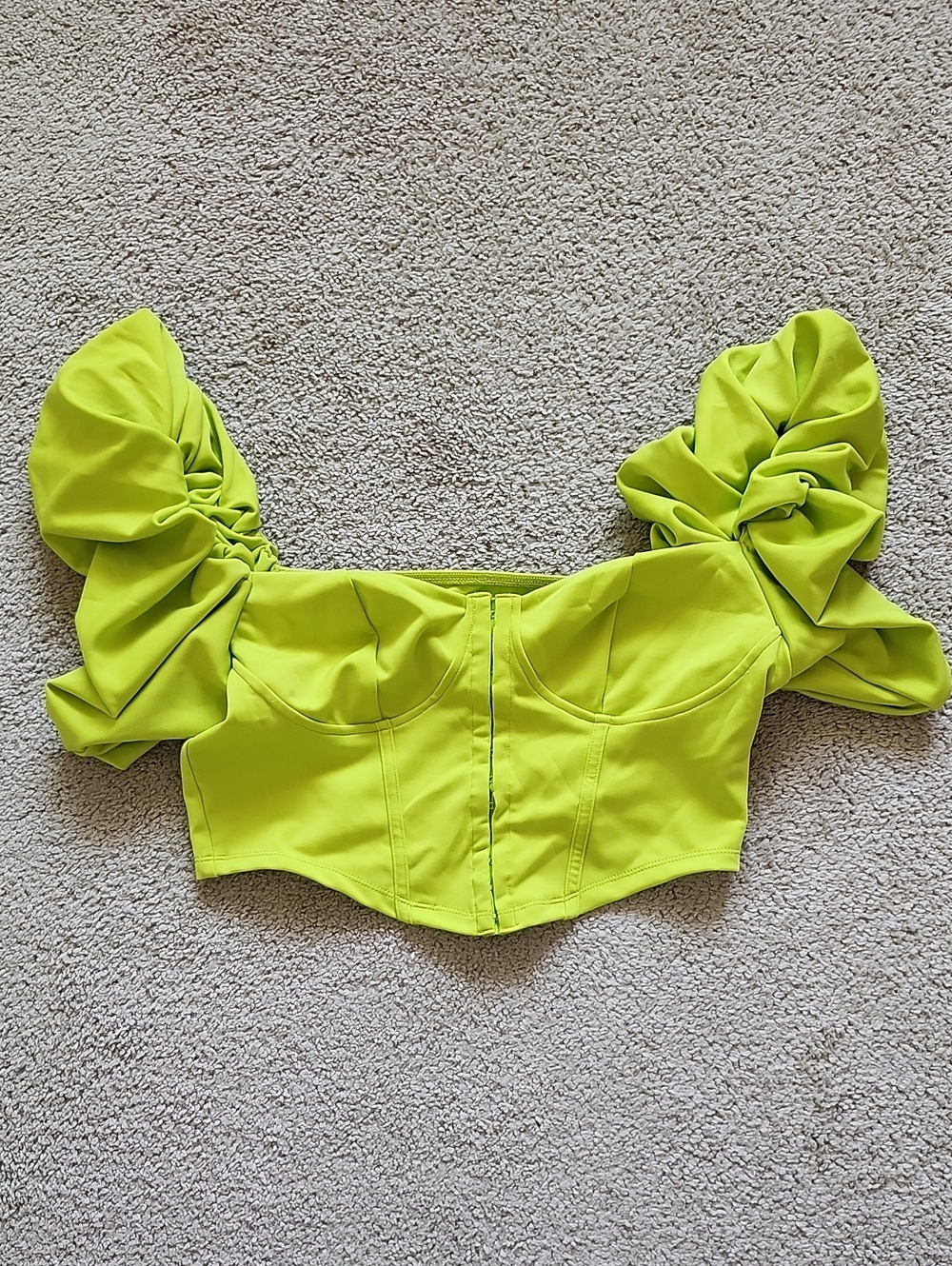 SHEIN Neon Green Puff-Sleeve Corset Crop Top | L